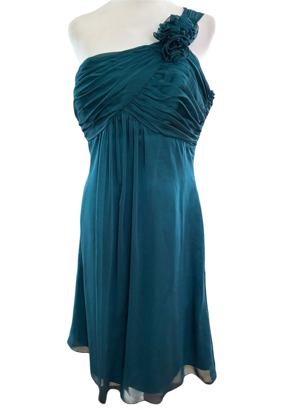 BELSOIE One-Shoulder Teal Chiffon Cocktail Dress with Floral Accent size 12